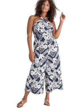 Maeve Anthropologie Floral Wide‑Leg crop Halter Jumpsuit NWT Navy White Size 4